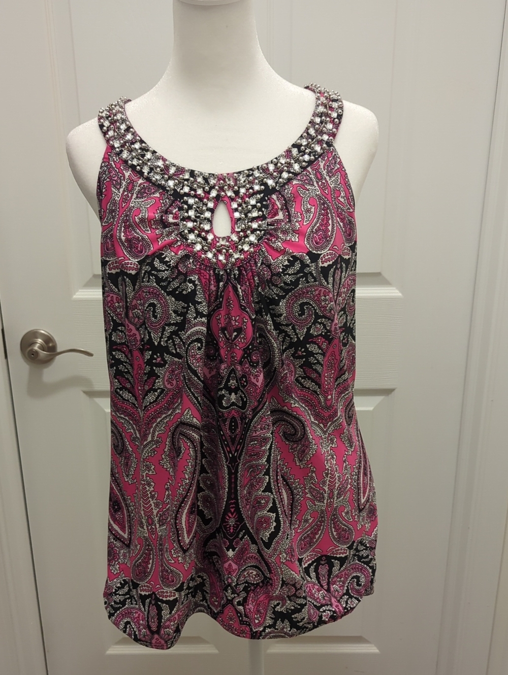 INC International Concepts Pink and Black Paisley Beaded Neck Tank
